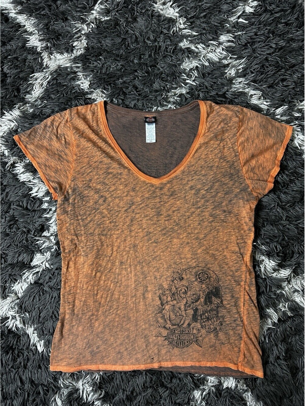 Harley Davidson Women's 3XL Orange Wash Skull V-Neck Short Sleeve Tee
